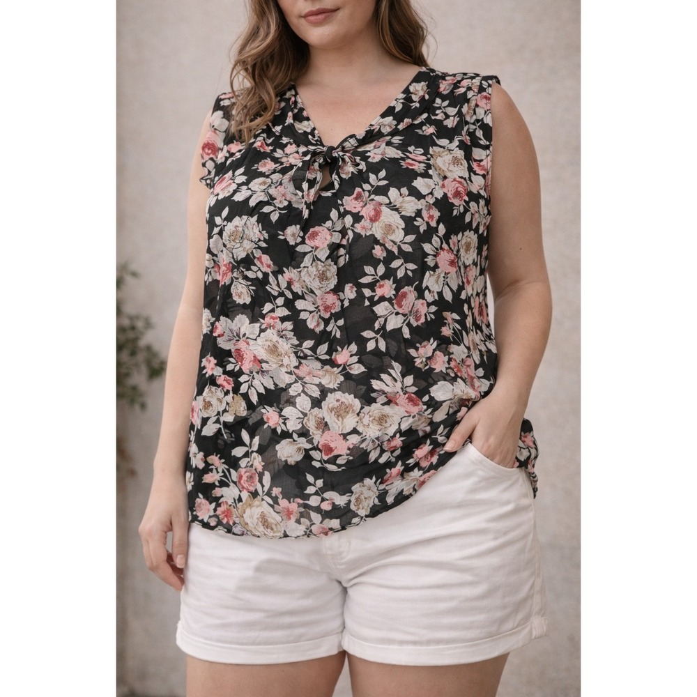 Midnight Sky Floral Tie Neck Blouse Womens XL Black Pink Sleeveless Excellent